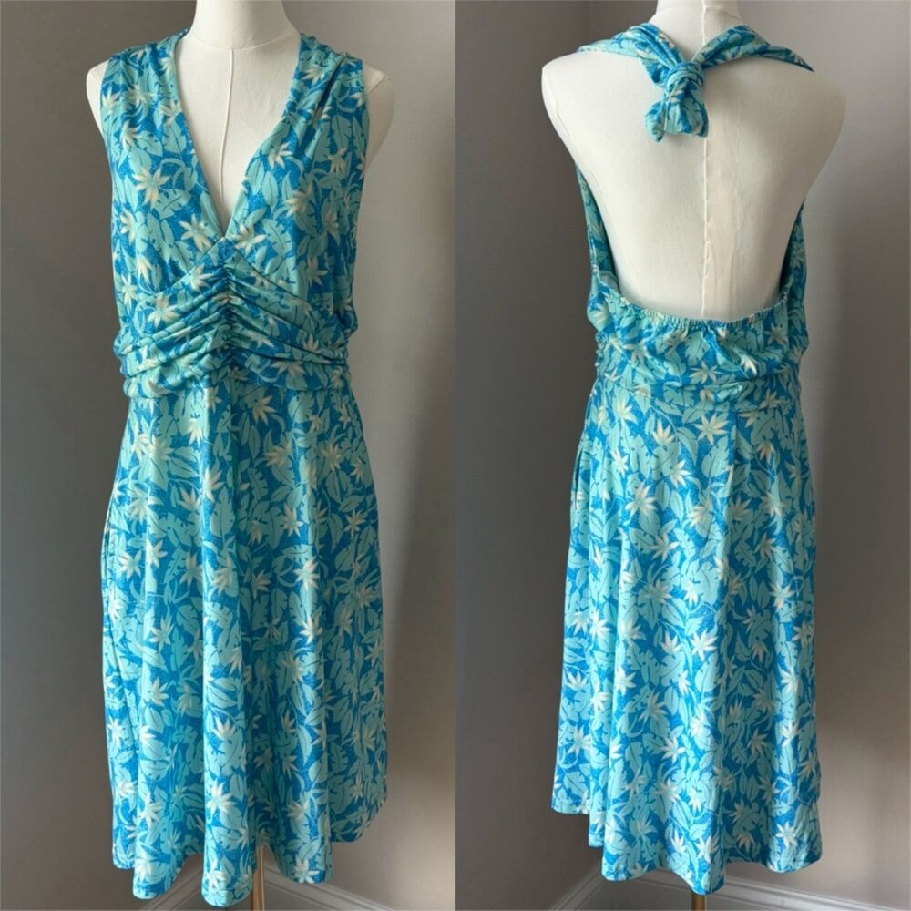 HUHOT Beachy Tropical Summer Floral V-Neck Open Back Ruched Halter Dress XL